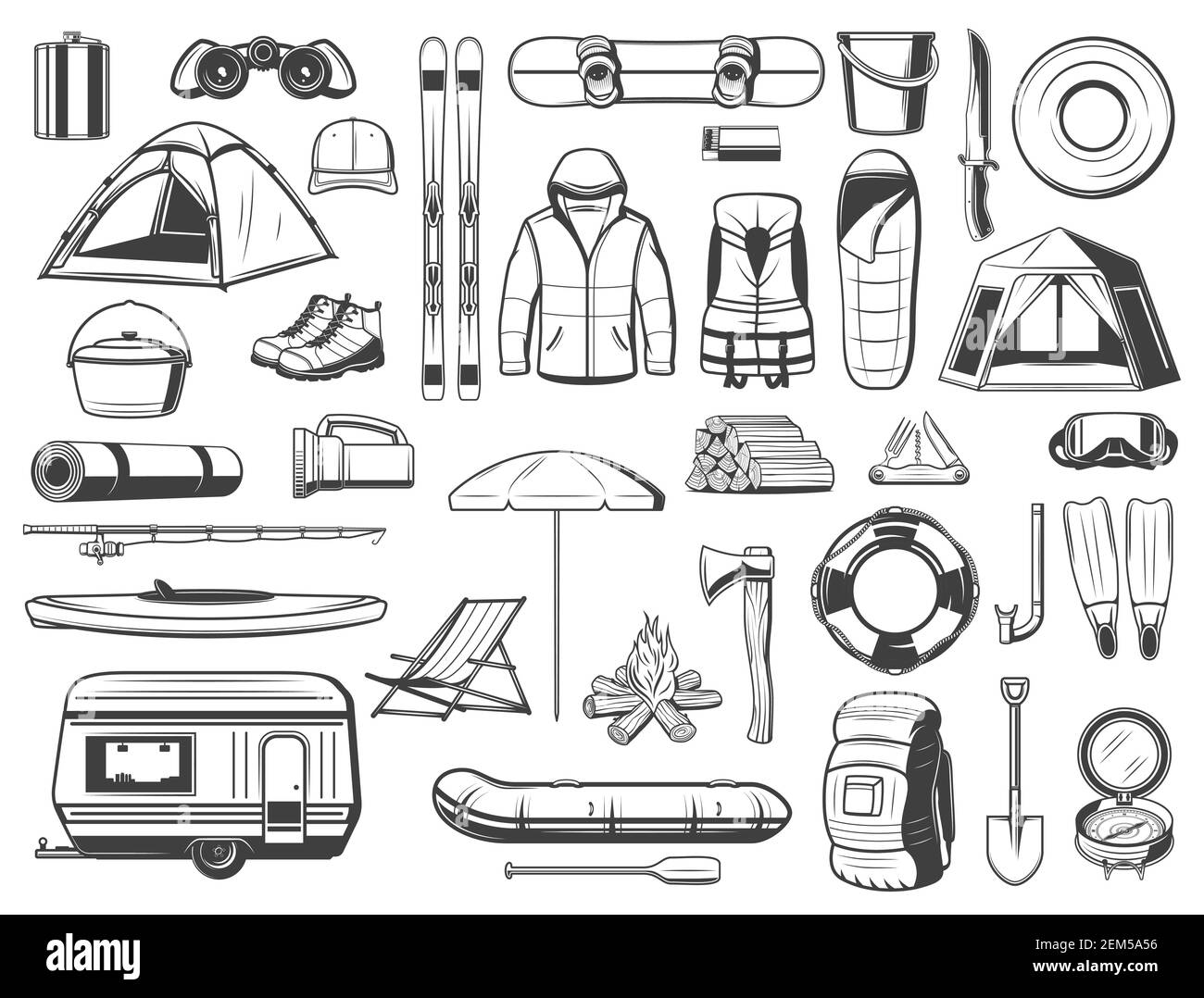 Reisen Tourismus Ausrüstung isoliert Vektor-Symbole gesetzt. Angeln, Wandern und Camping-Tools Snowboard und Skier, Reise-Anhänger und Zelt, Axt, Boot, Rucksack Stock Vektor