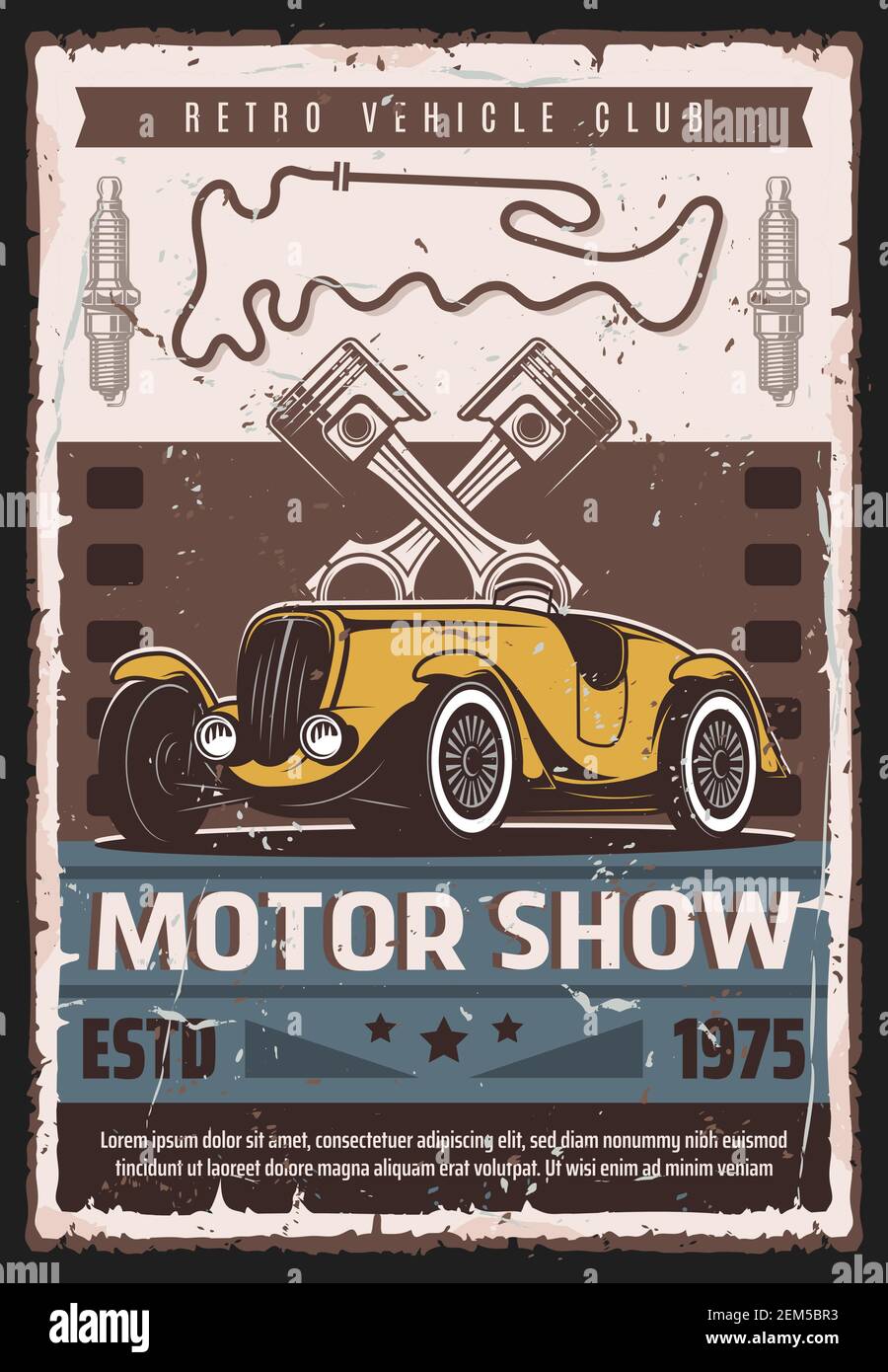 Motor Show Auto Rennen Retro Poster. Vector Oldtimer und Retro Fahrzeug