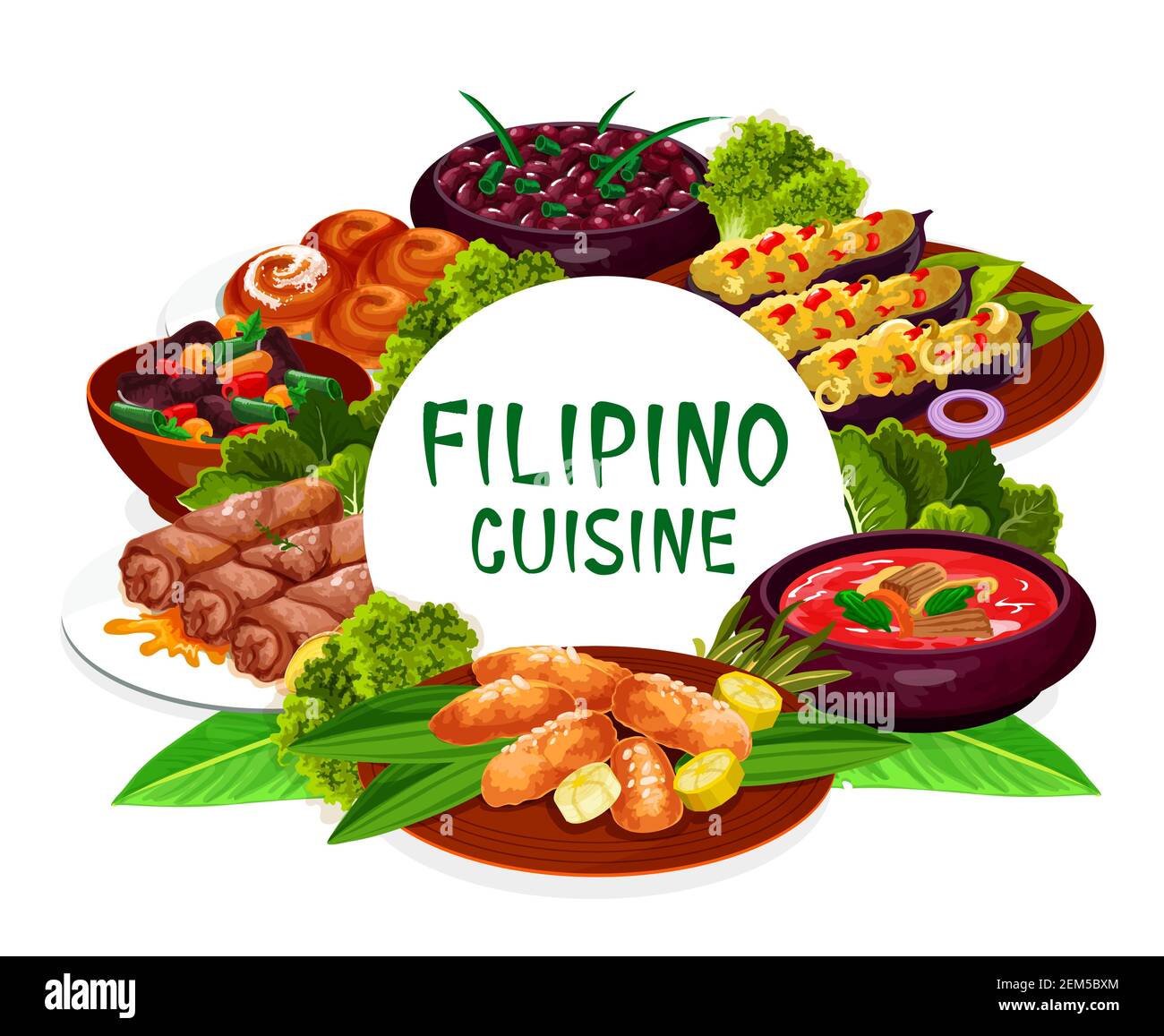 Philippinische Küche, asiatische Küche Restaurant Gerichte runden Rahmen Klumpen mit Fleisch, Auberginen Thalong, Bicolar Express. Filipino Kidney Bohnen, Lumpia, Muscheln i Stock Vektor