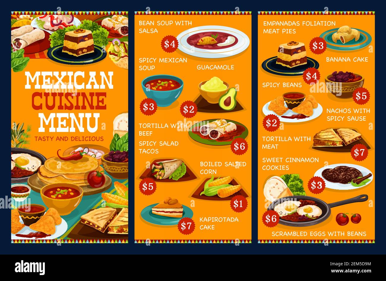 Mexikanische Kche Speisekarte, authentische mexikanische Restaurant  Gerichte. Vector traditionelle mexikanische Mittag-und Abendessen  Mahlzeiten, Bohnensuppe mit Salsa, Guacamole und Stock-Vektorgrafik - Alamy