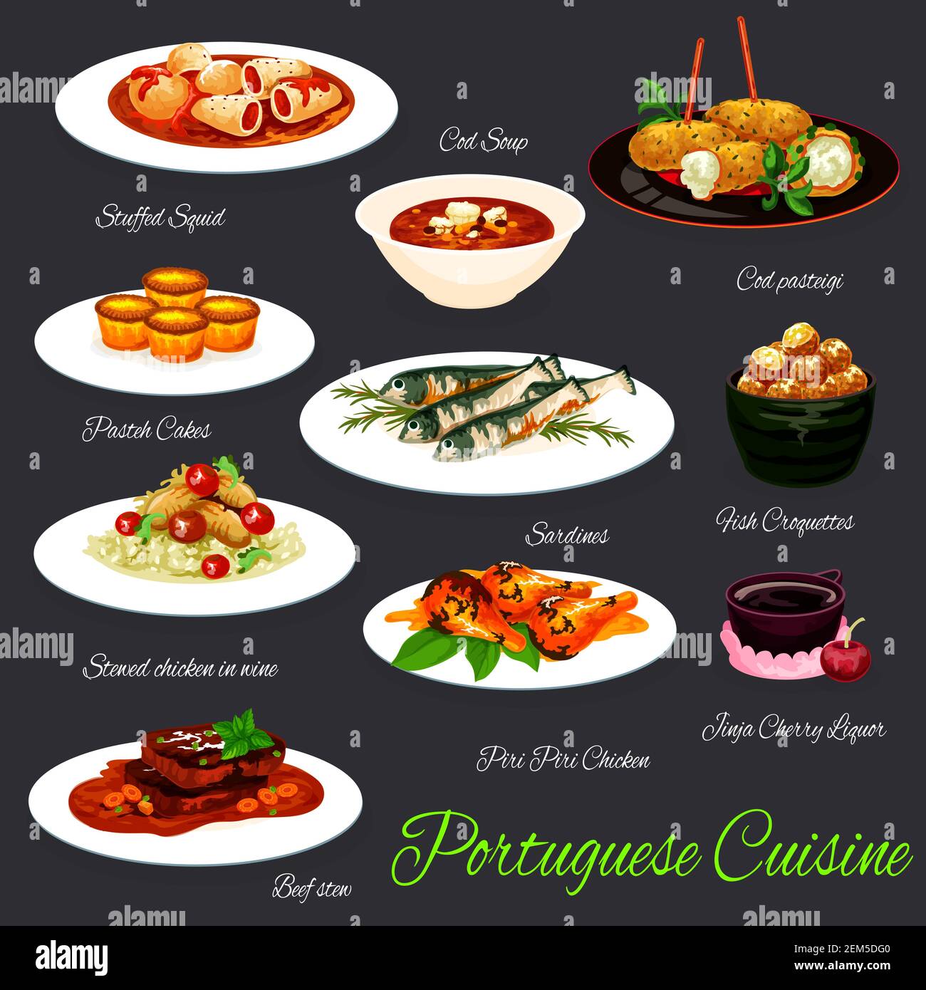 Portugiesisches Food Vector Design von gegrillten Sardinen, Fischsuppe und Kroketten, gefüllte Tintenfisch, Rindfleisch Eintopf und Piri-Piri-Huhn, Pudding Tart, Reis mit c Stock Vektor