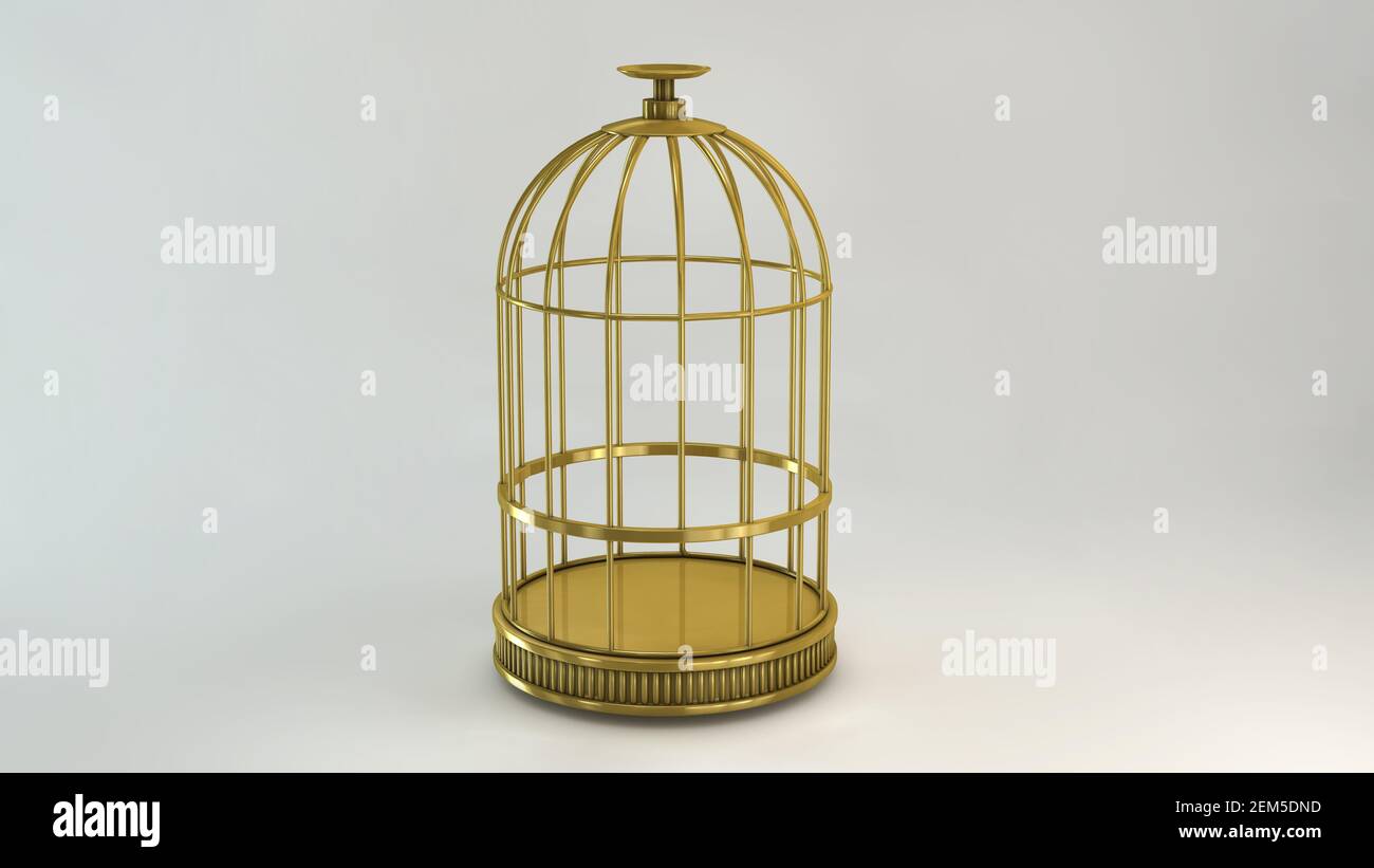 Käfig Gold auf weißem Hintergrund Metall Vintage-Stil Gefängnis Konzept Symbol der Freiheit in der Perspektive Stockfoto