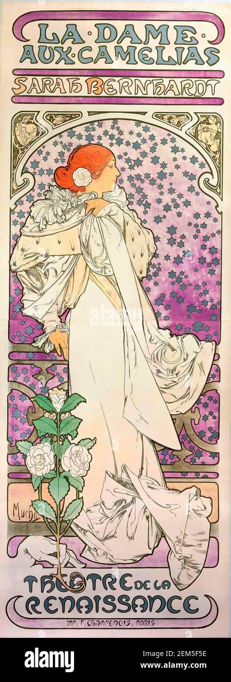 Alphonse Mucha, Werbeplakat für La Dame Aux Camelias mit Sarah Bernhardt, Farblithographie, 1896. Alfons Maria Mucha (1860 -1939) war ein tschechischer Jugendstilmaler, Illustrator und Grafiker, Stockfoto