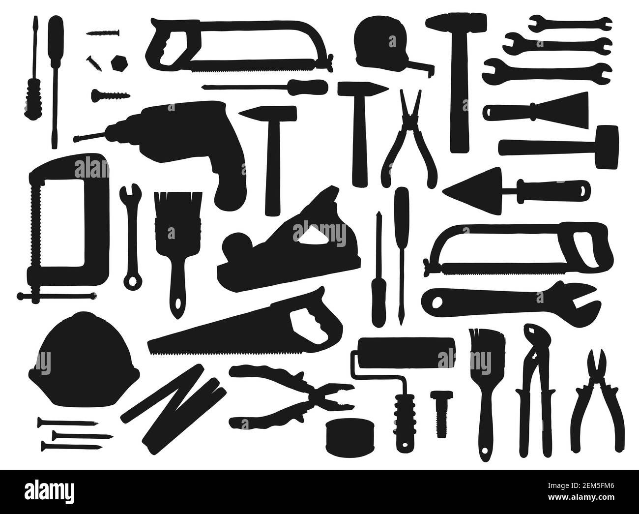 Bauwerkzeuge schwarz Silhouetten, Vektor-Ausrüstung für Reparaturarbeiten. Hammer, Schraubendreher und Schraubenschlüssel, Zange, Schraubenschlüssel und Walze. Bohren, Sägen, Trowe Stock Vektor
