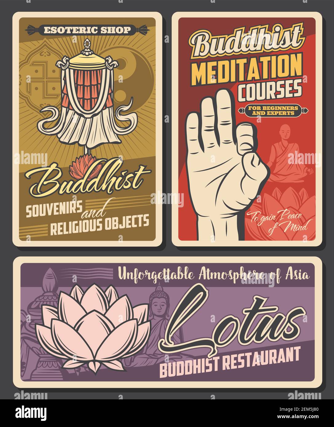 Buddhismus Religion. Vector Vintage Buddhist symbolische heilige Lotusblume, om Mudra, Stupa und kostbaren Regenschirm. Tibetanischer Mönch meditiert. Tradition des Buddhismus Stock Vektor