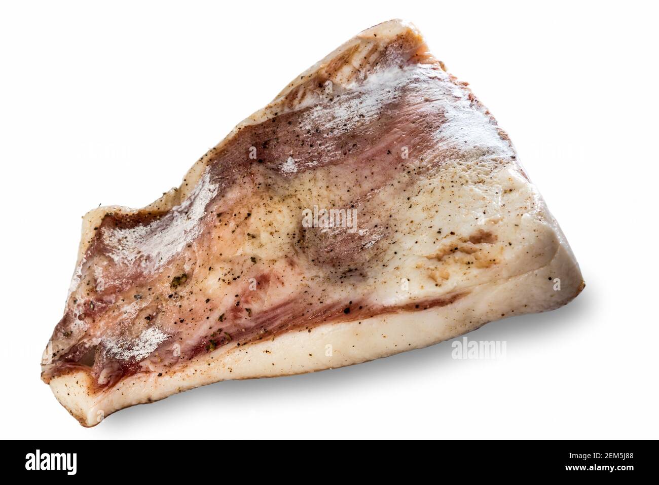 Guanciale von Amatrice, trocken gehärtete Schweinebacke isoliert auf weißem Hintergrund Stockfoto