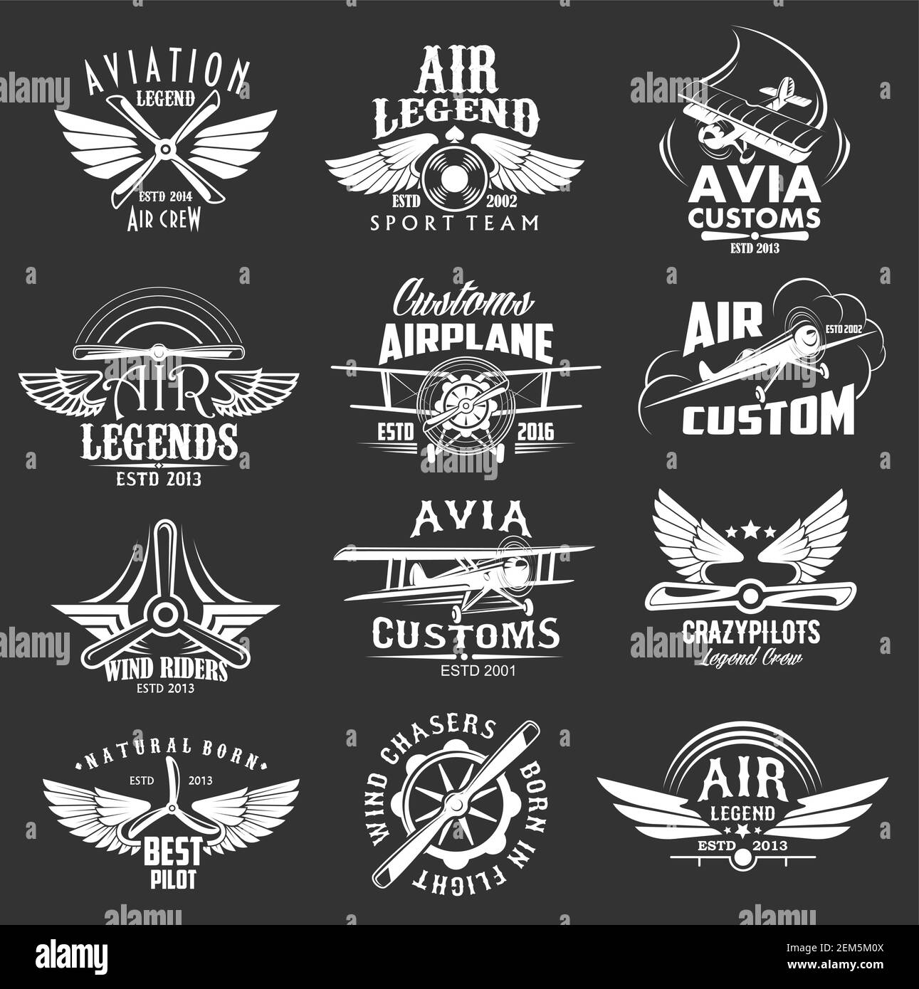 Luftfahrt heraldic Ikonen gesetzt, isolierte Vektor-Etiketten avia Zoll ...