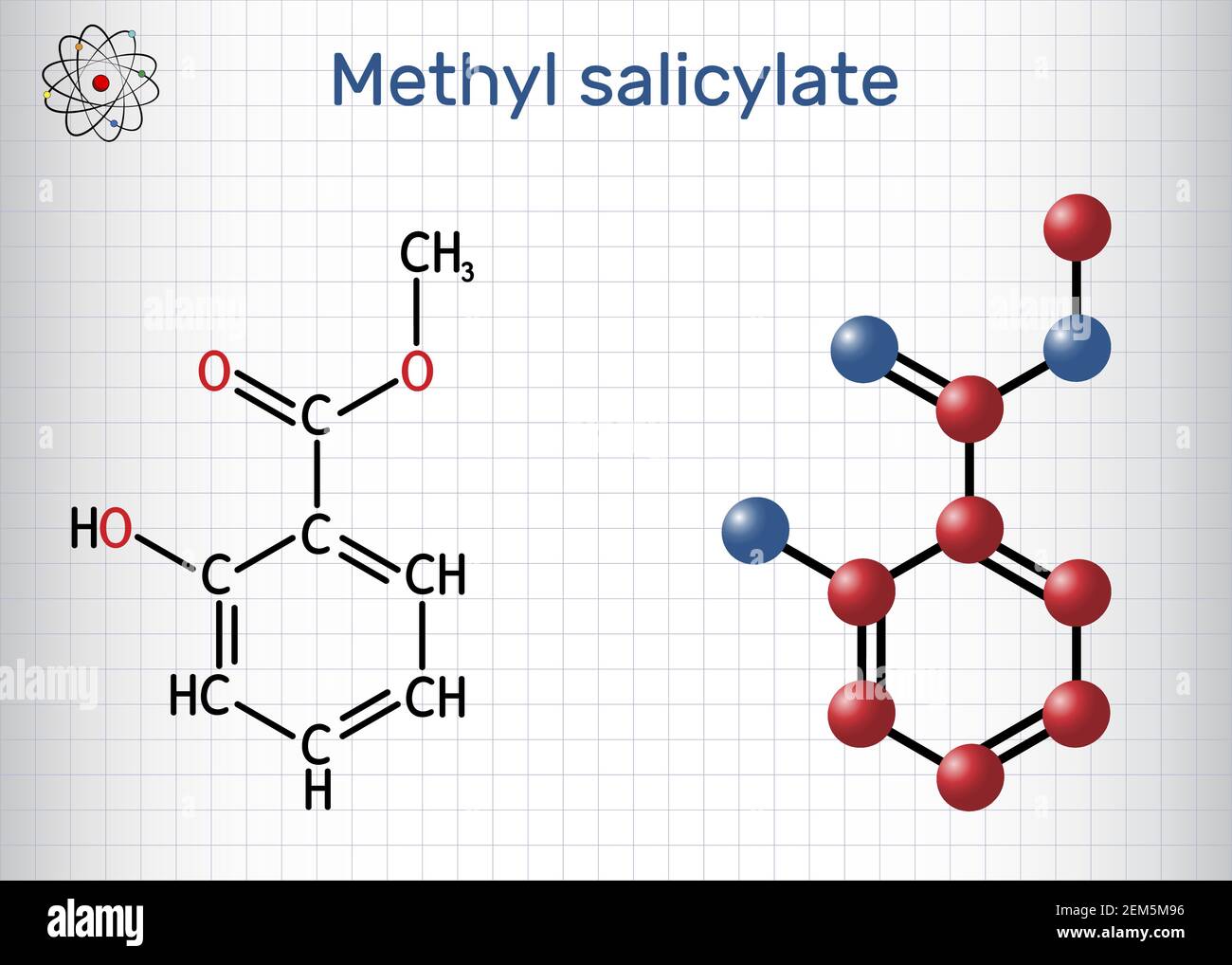 Methylsalicylat, wintergrünes Ölmolekül. Es ist Methylester von Salicylsäure, Aromastoff, Metabolit, Insektenattraktant. Blatt Papier in Stock Vektor