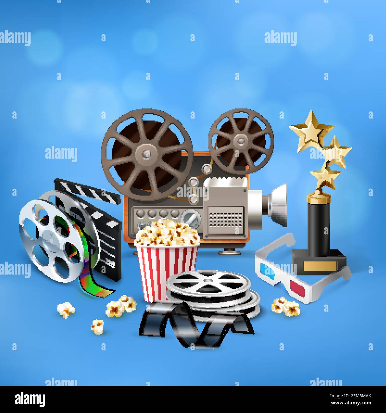 Realistischer blauer Kinohintergrund mit Popcorn-Eimer Camcorder goldene Trophäe Klapboard und Filmstreifen Vektorgrafik Stock Vektor