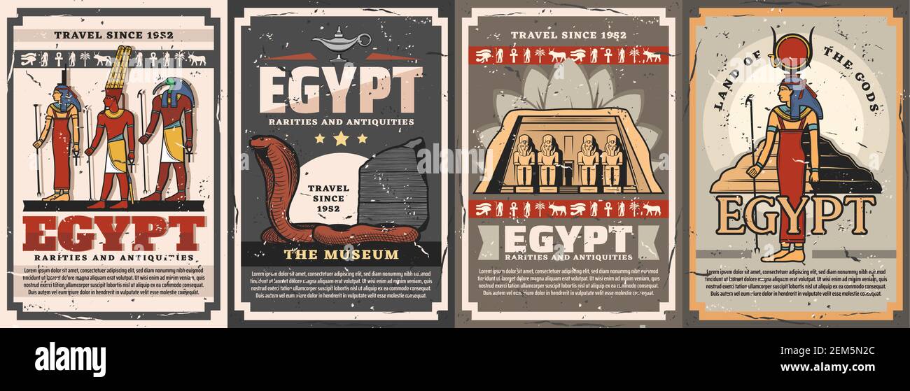 Ägyptische Götter, Reise-Wahrzeichen und Kultur-Vektor-Plakate. ISIS, Amun, Hathor und Thoth Gottheiten, Kobra Schlange, Abu Simbel Tempel und Djoser Pyramide. E Stock Vektor