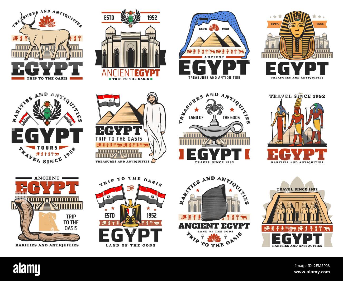 Alte Ägypten Ikonen der ägyptischen Reise Vektor-Design. Pharao Pyramiden, Sphinx und Gizeh Tempel, Amun, Isis und Thoth Götter mit Auge des Horus und Ankh, Stock Vektor