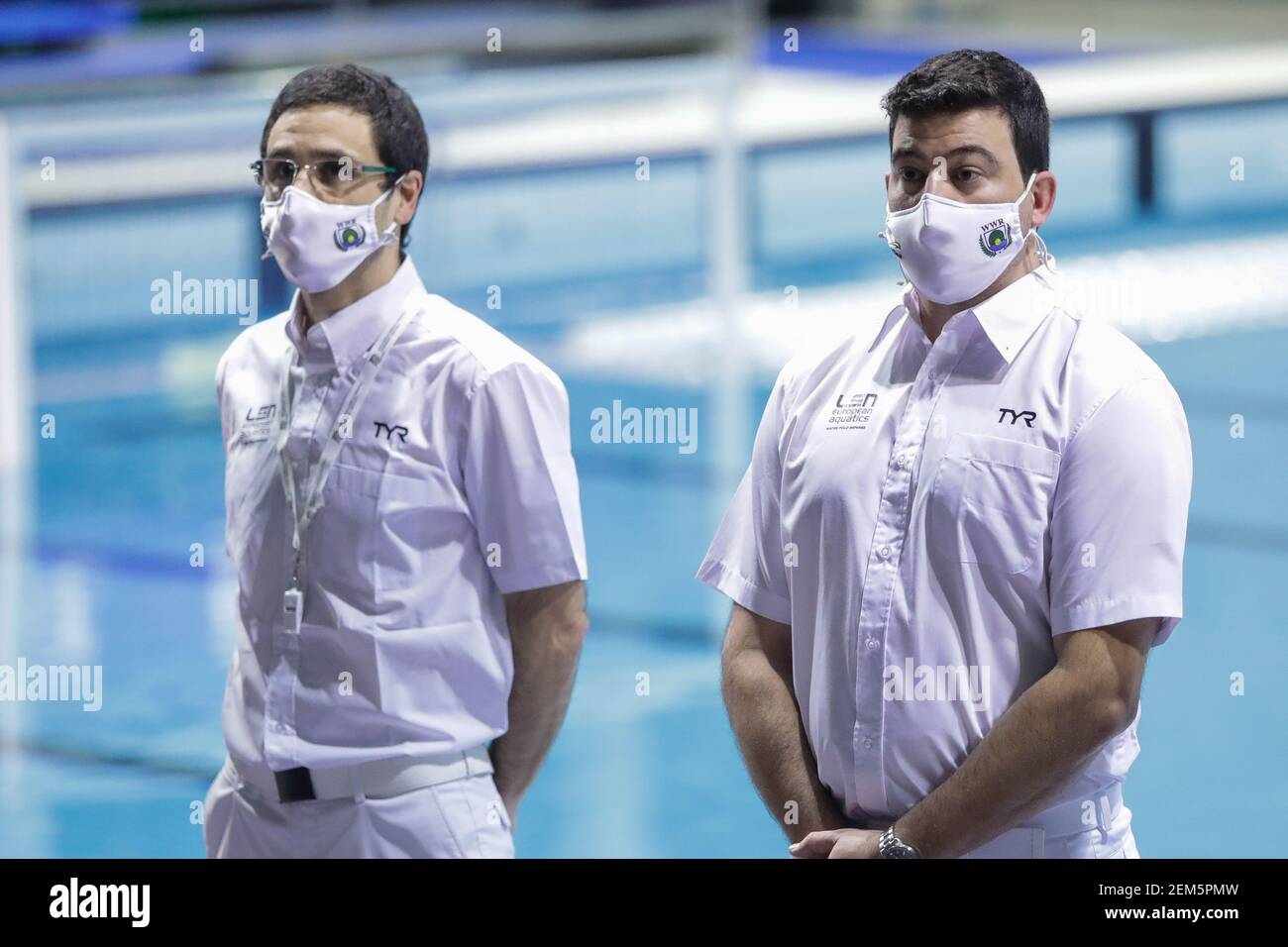 Rom, Italien. Februar 2021, 24th. Rom, Italien, Federal Center of Ostia, 24. Februar 2021, Schiedsrichter während der Viertelfinale - Lifebrain SIS Roma vs Dunaujavaros - Waterpolo EuroLeague Frauen Spiel Kredit: Luigi Mariani/LPS/ZUMA Wire/Alamy Live News Stockfoto