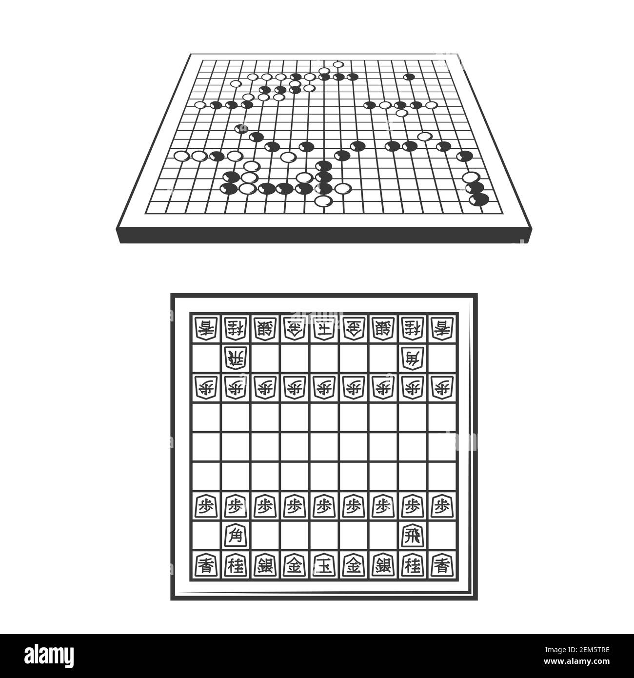 Go und Shogi Schach Japanische Strategie Spielbretter. Hölzerne Vektorbretter mit Stücken, schwarze und weiße Steine auf Spielfeldgittern, orientalisches Brettspiel it Stock Vektor
