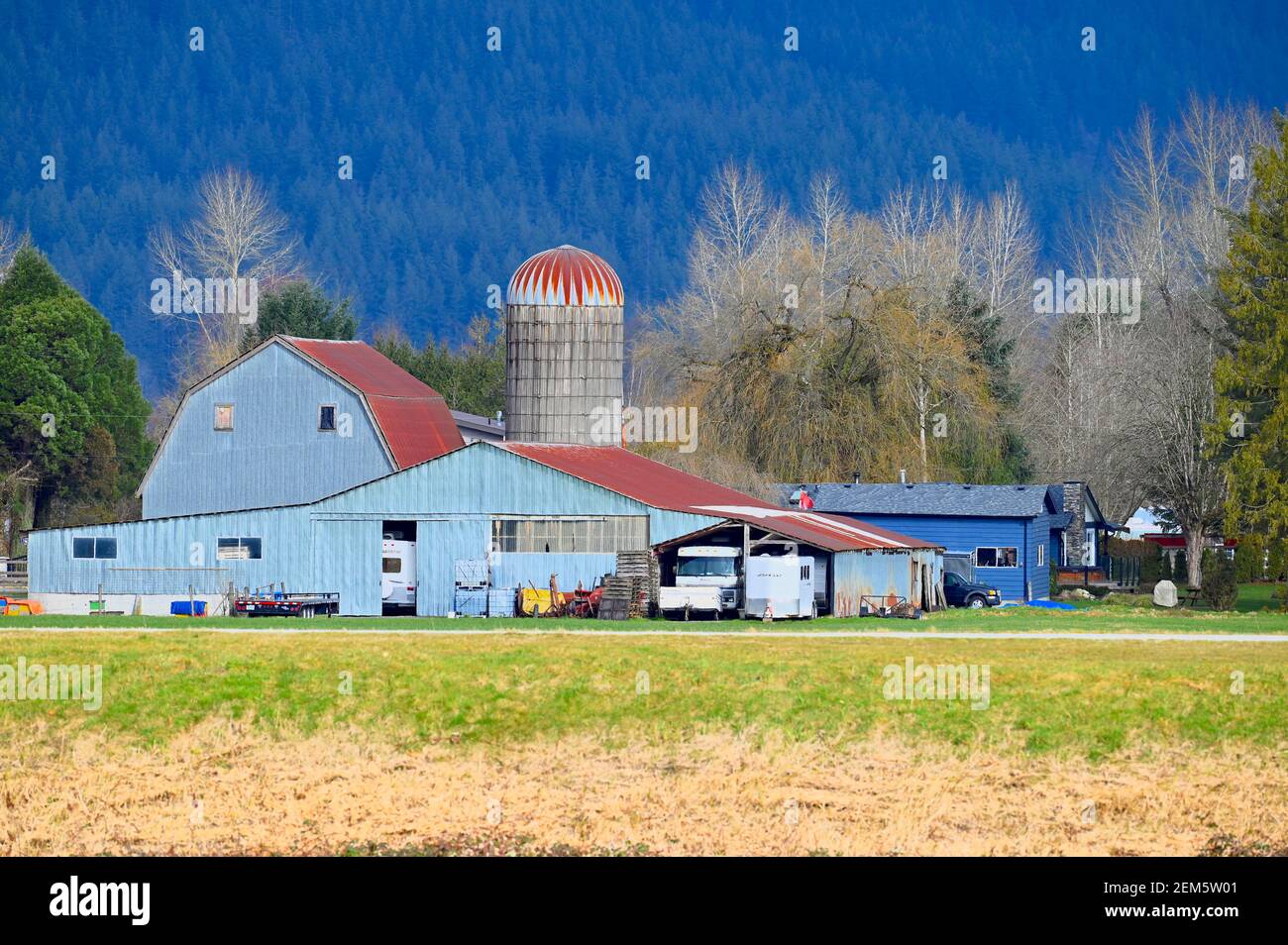 Eine blaue Scheune mit rotem Dach und Silo an einem baumbedeckten Berghang auf einer Farm im ländlichen British Columbia, Kanada. Stockfoto