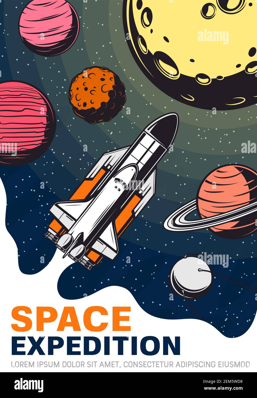 Rakete im Weltraum mit Planeten und Satelliten, Galaxie und Universum Reise-Vektor-Design. Raumschiff oder Shuttle mit Sternen, Mond und Saturn mit Umlaufbahnen, Ve Stock Vektor Rakete im Weltraum mit Planeten und Satelliten, Galaxie und Universum Reise-Vektor-Design. Raumschiff oder Shuttle mit Sternen, Mond und Saturn mit Umlaufbahnen, Ve Stock Vektor