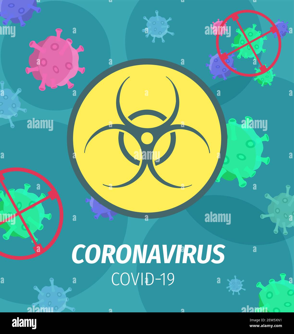 Coronavirus pandemische Biogefahrenvektor-Poster. Covid 19-Viruszellen fliegen zufällig mit Biohazard-Warnzeichen. Quarantäne, Corona Virus Ausbruchsgefahr Stock Vektor