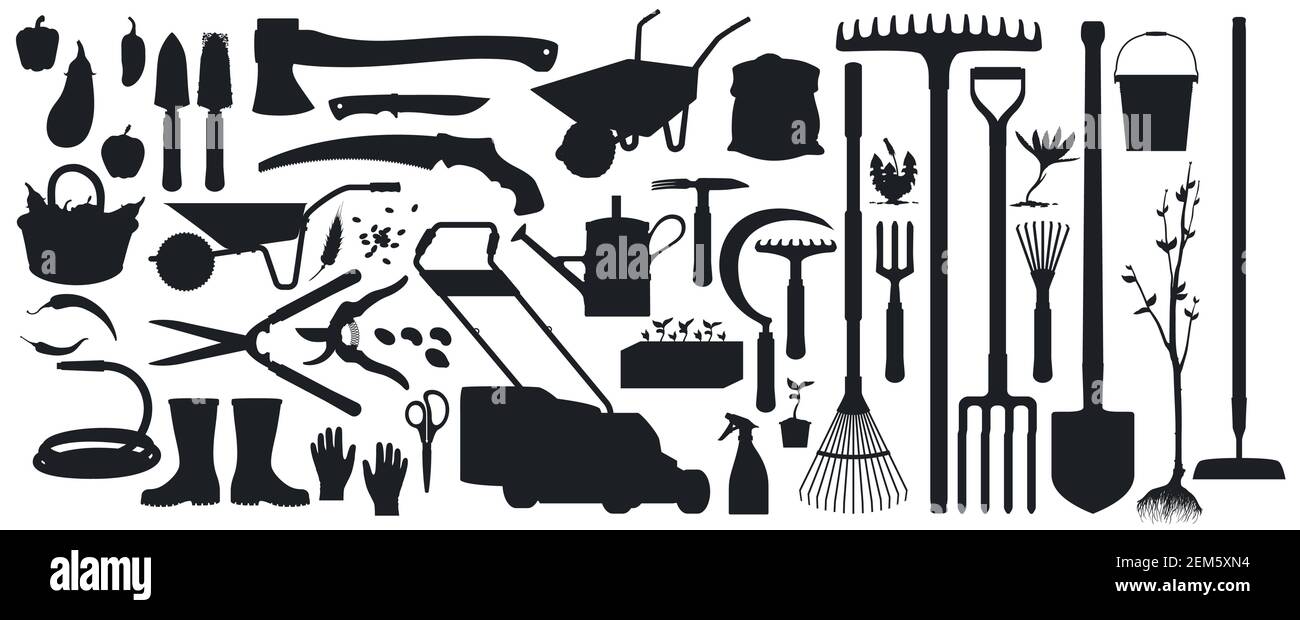 Gartenarbeit, landwirtschaftliche Werkzeuge, Instrumente und Geräte isoliert Vektor schwarze Silhouetten. Bauer und Gärtner Schaufel, Axt, Messer und Schubkarre, Säge. Fru Stock Vektor