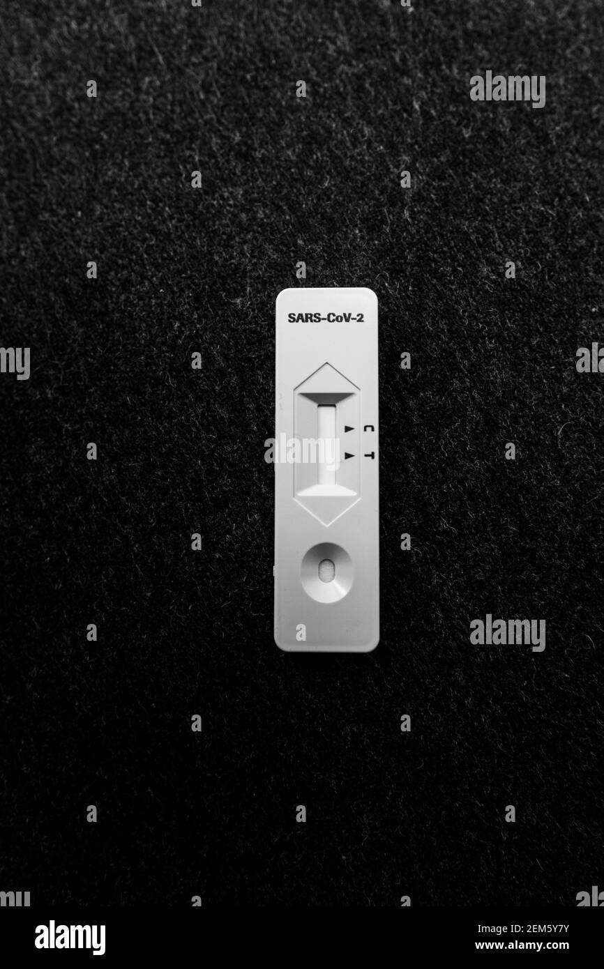 Draufsicht auf einfache covid 19 Schnelltest auf Dunkler Hintergrund Stockfoto