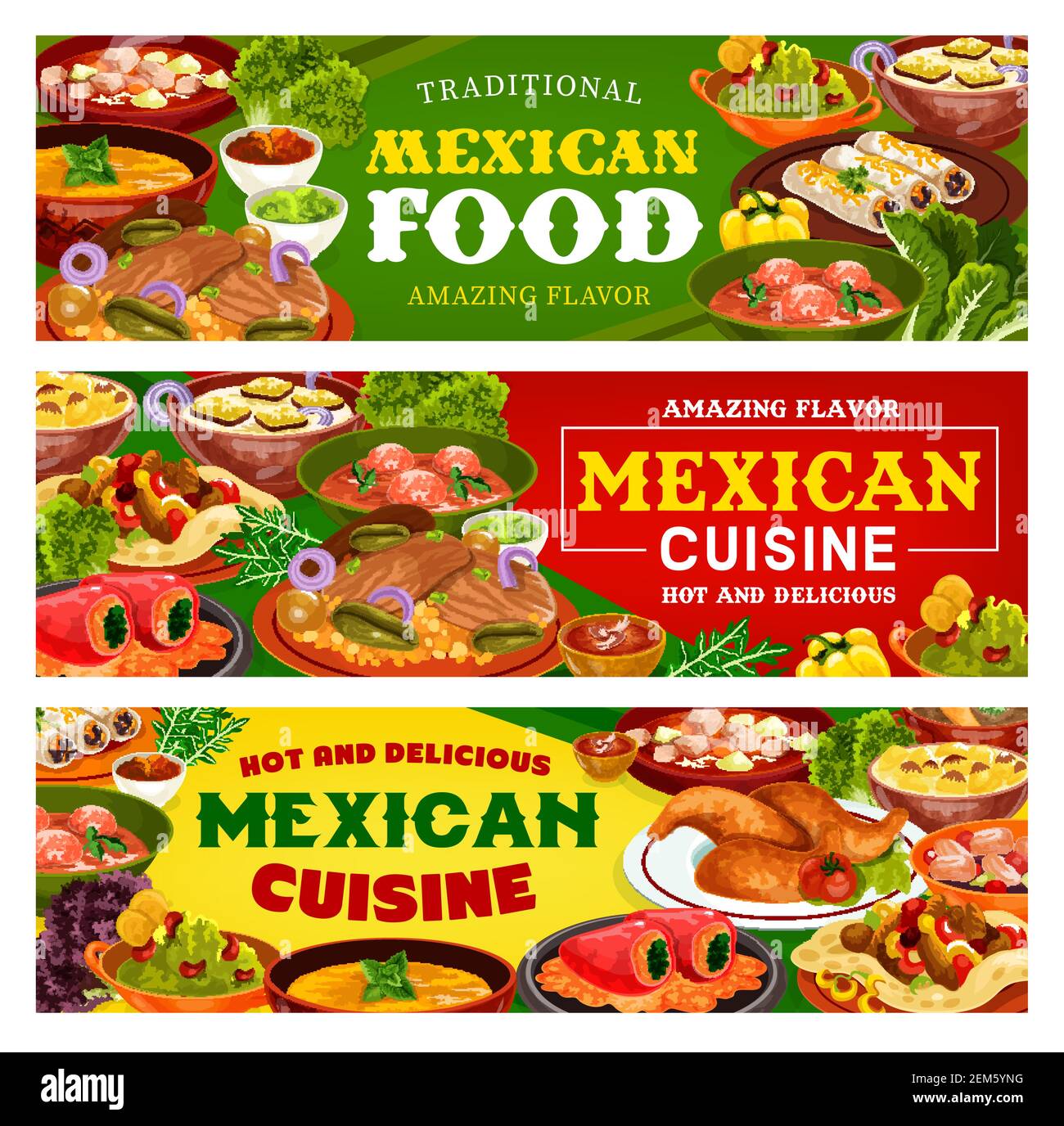 Mexikanische Lebensmittel Vektor Banner von Fleisch Gemüse Burritos und Fajitas mit Tomaten Salsa und Avocado Guacamole Saucen. Estofado Eintopf, gefüllte Paprika und Stock Vektor