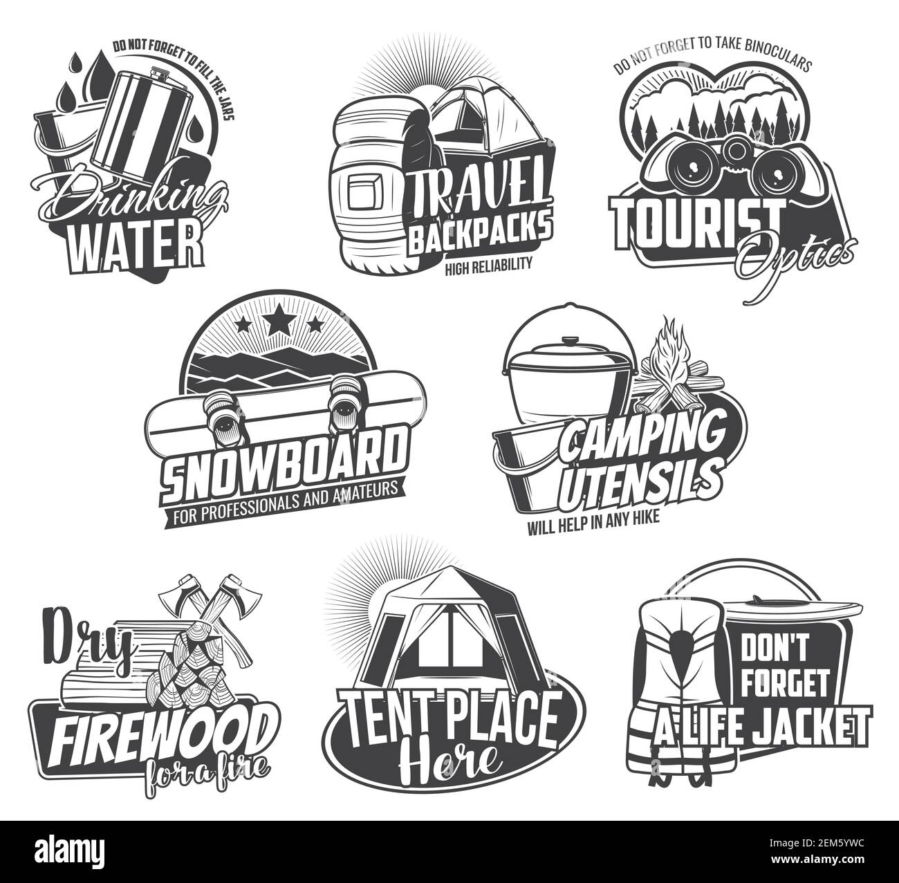 Tourismus Reisen und Camping Vektor-Symbole. Reisesymbole mit Wasserkrug, Kochschüssel, Zelt und Brennholz, Axt und Fernglas. Monochrome Vintage-Symbole o Stock Vektor