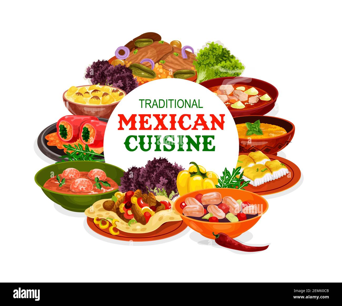Mexikanische Küche Vektor-Design von Gemüsefutter mit Fleisch und Fisch. Gefüllte Paprika, Tomatenfleischbällchen und Kürbissuppen, Rindfleisch Fajitas, Estofado Eintopf ein Stock Vektor