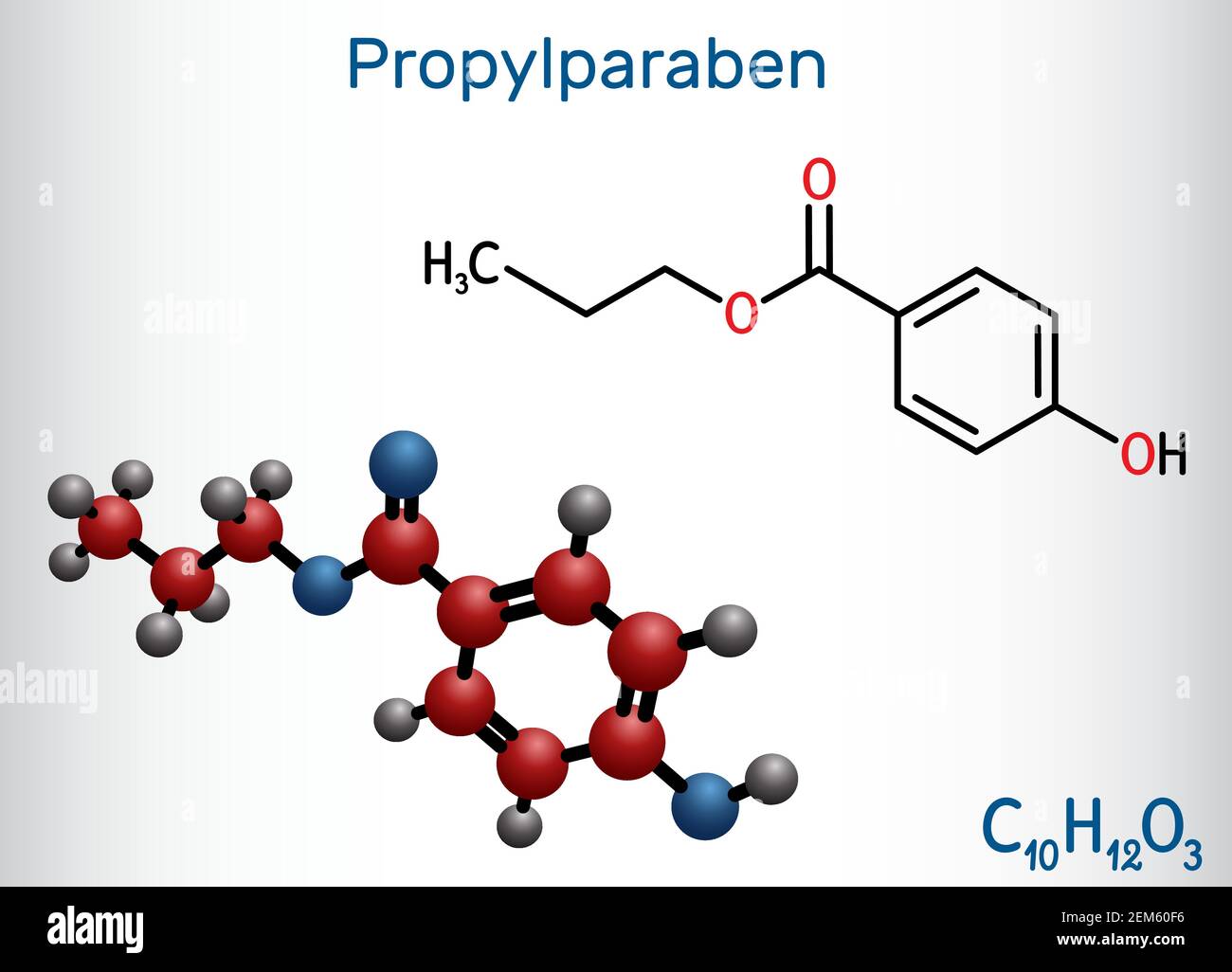 Propylparaben, Propylparaben-Molekül. Es ist Benzoat Ester, Paraben, antimikrobiell, antimykotisches Konservierungsmittel, E216. Strukturelle chemische Formel Stock Vektor