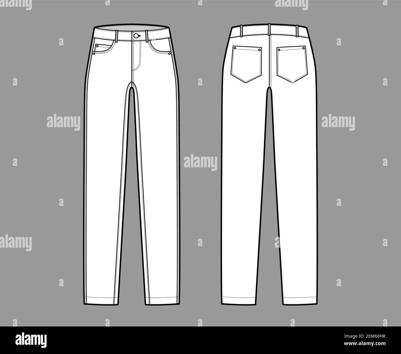 Skinny Jeans Denim Hose technische Mode Illustration mit voller Länge,  niedrige Taille, Bund, gebogen, gewinkelt 5 Taschen, Nieten. Flacher Boden  Schablone vorne, hinten, weiße Farbe Stil. Frauen, Männer CAD-Modell  Stock-Vektorgrafik - Alamy