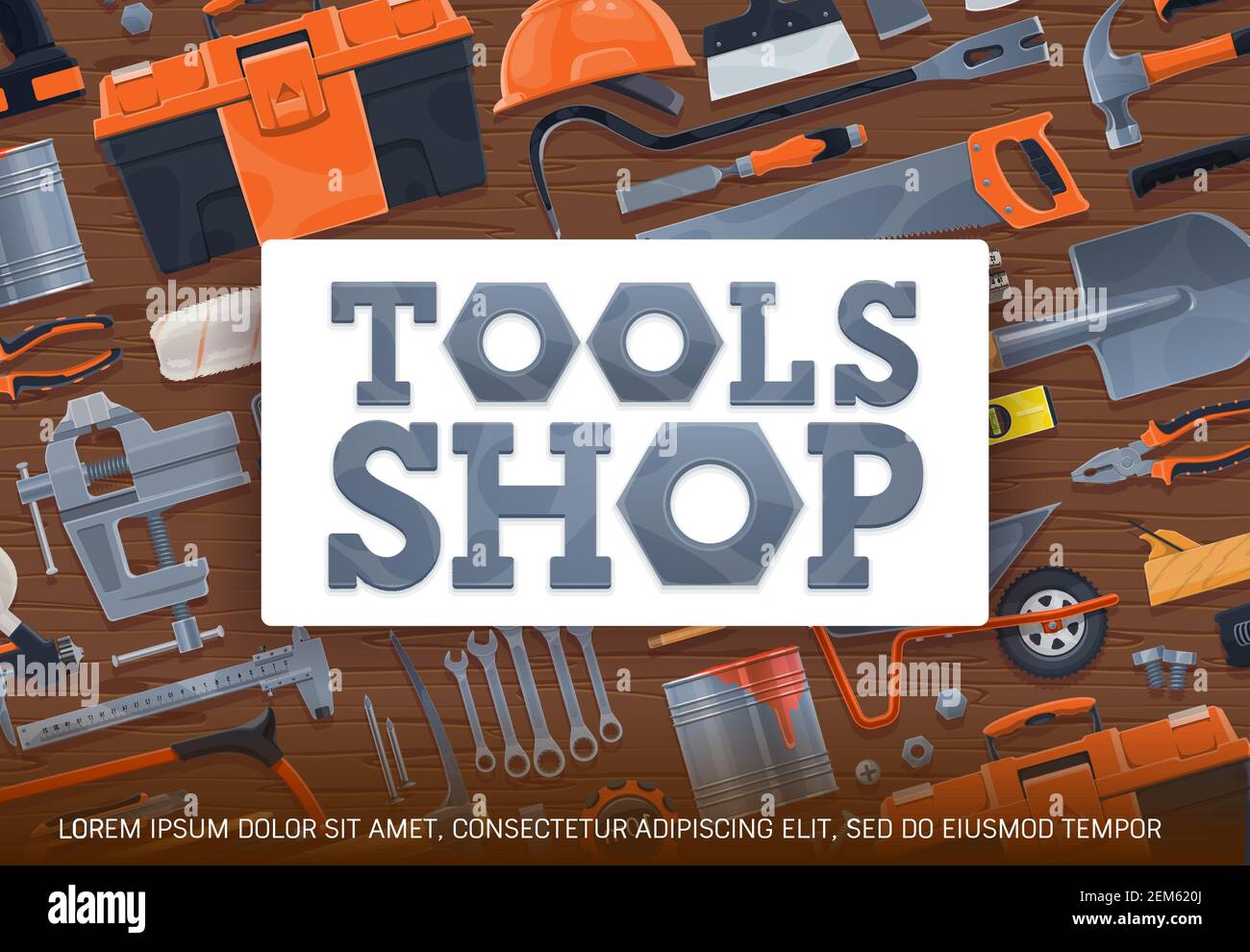 Bauwerkzeuge und diy Toolbox Vektor Poster. Tischlerei, Hausrenovierung und Baugeräte-Shop. Pinsel und Hammer malen, Schraubenschlüssel Set, h Stock Vektor