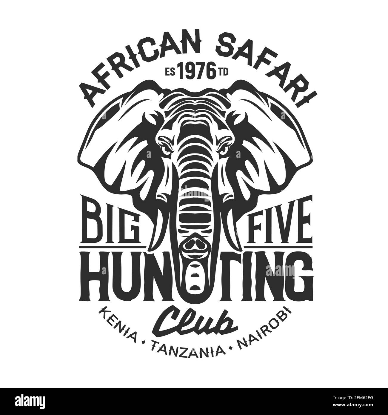 Afrikanischer Safari Elefant T-Shirt-Druck von Jagd Sport Club Vektor-Design. Kopf des Elefantentieres mit riesigen Ohren und Stoßzähnen, große fünf Jagdsäuger c Stock Vektor