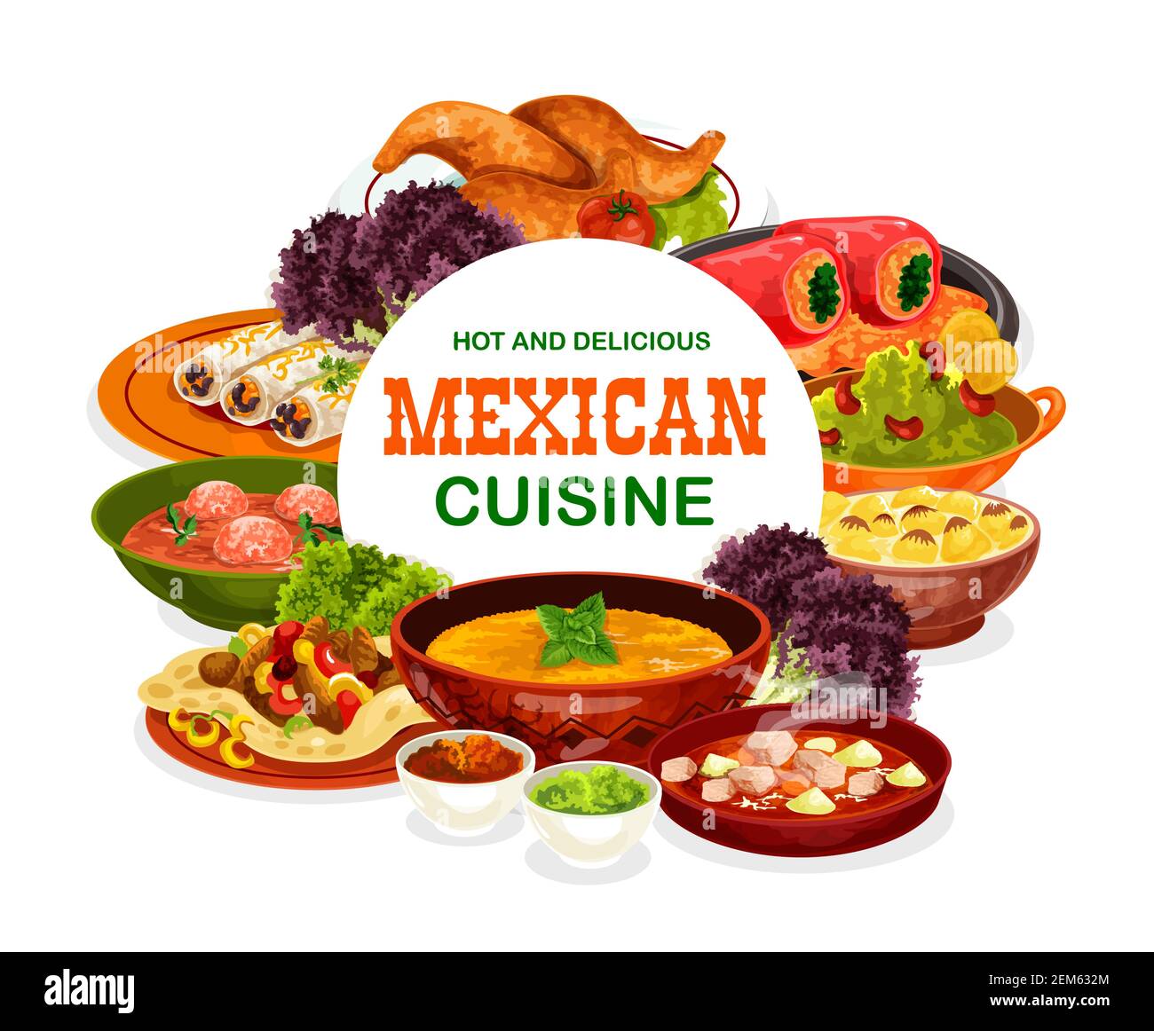 Mexikanische Küche Essen von Fleisch und Gemüse Vektor-Design. Gefüllte Paprika, Bohnenburritos und Rindfleisch Fajitas mit Tomatensalsa und Avocado Guacamole Sau Stock Vektor
