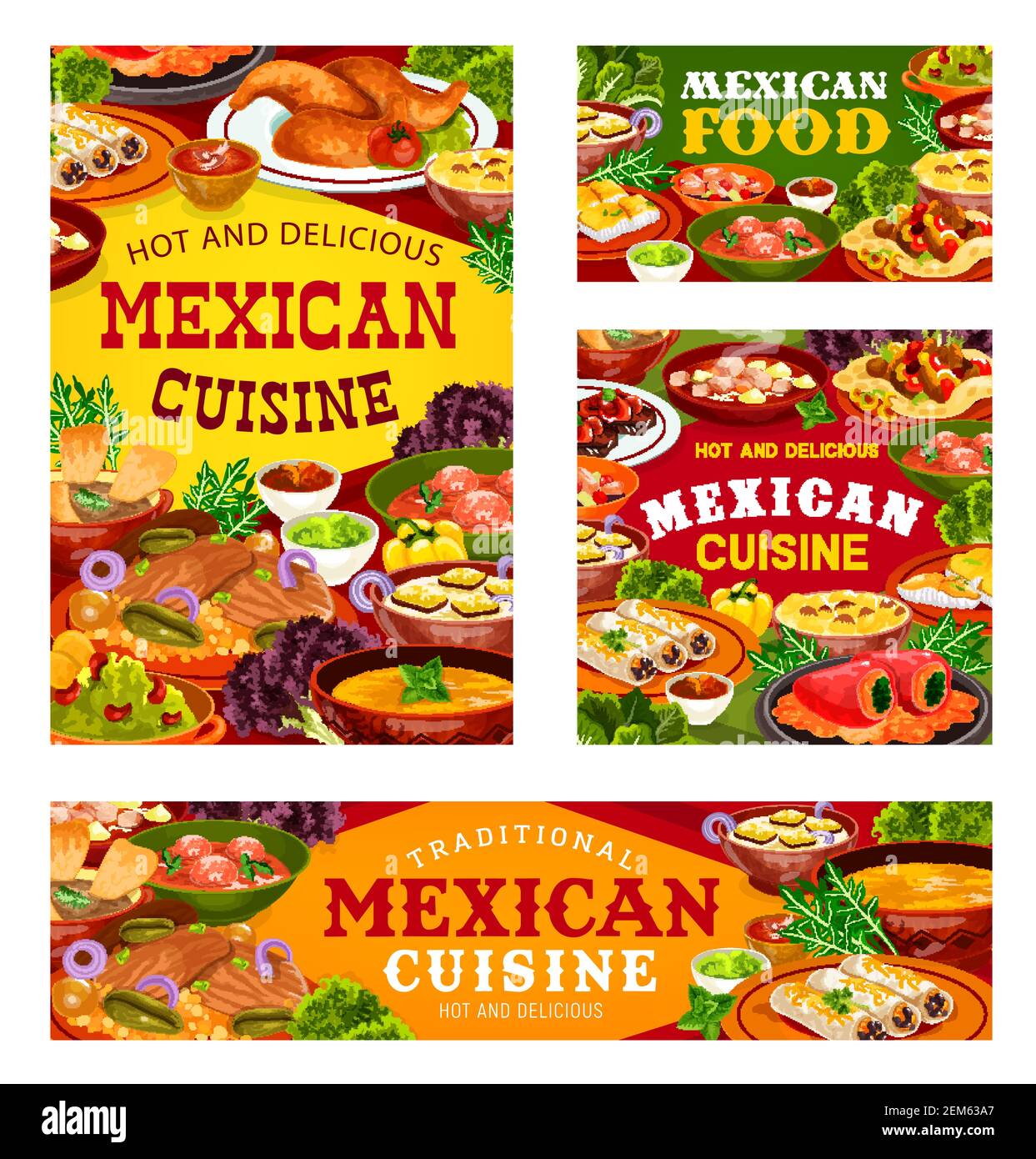 Mexikanische Küche Vektor-Gerichte. Gemüse-, Fleisch- und Fischgerichte von Burritos, Fajitas mit Salsa- und Guacamole-Saucen, gefüllte Paprika, Chicken Wings, tom Stock Vektor