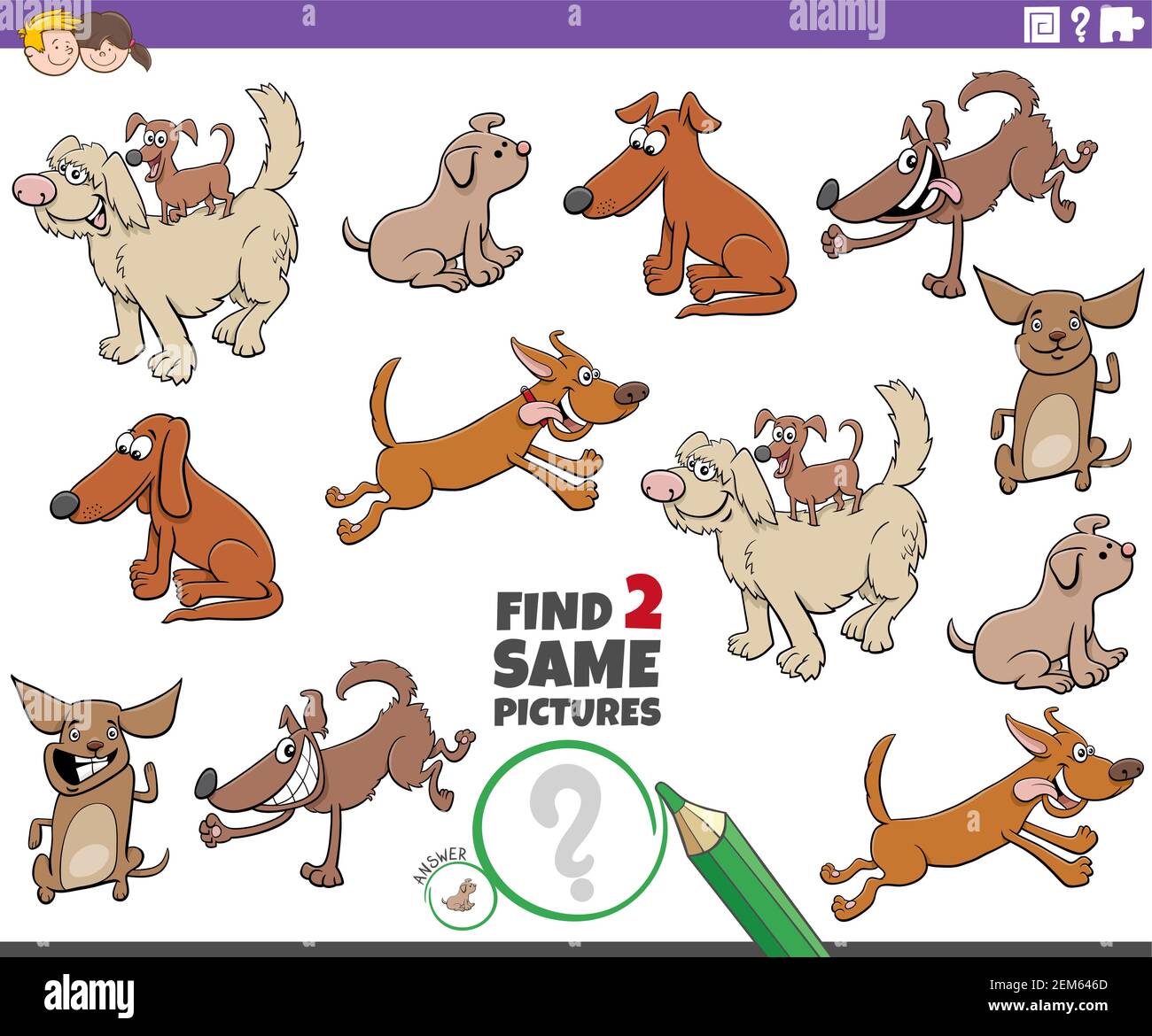 Cartoon Illustration der Suche nach zwei gleichen Bildern pädagogische  Spiel mit Lustige Hunde Comic-Figuren Stock-Vektorgrafik - Alamy