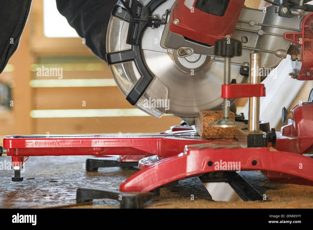 Zimmermann mit Kreissäge für Holzschnitt, Arbeit arbeiten Werkzeug, Fertigung Stockfoto