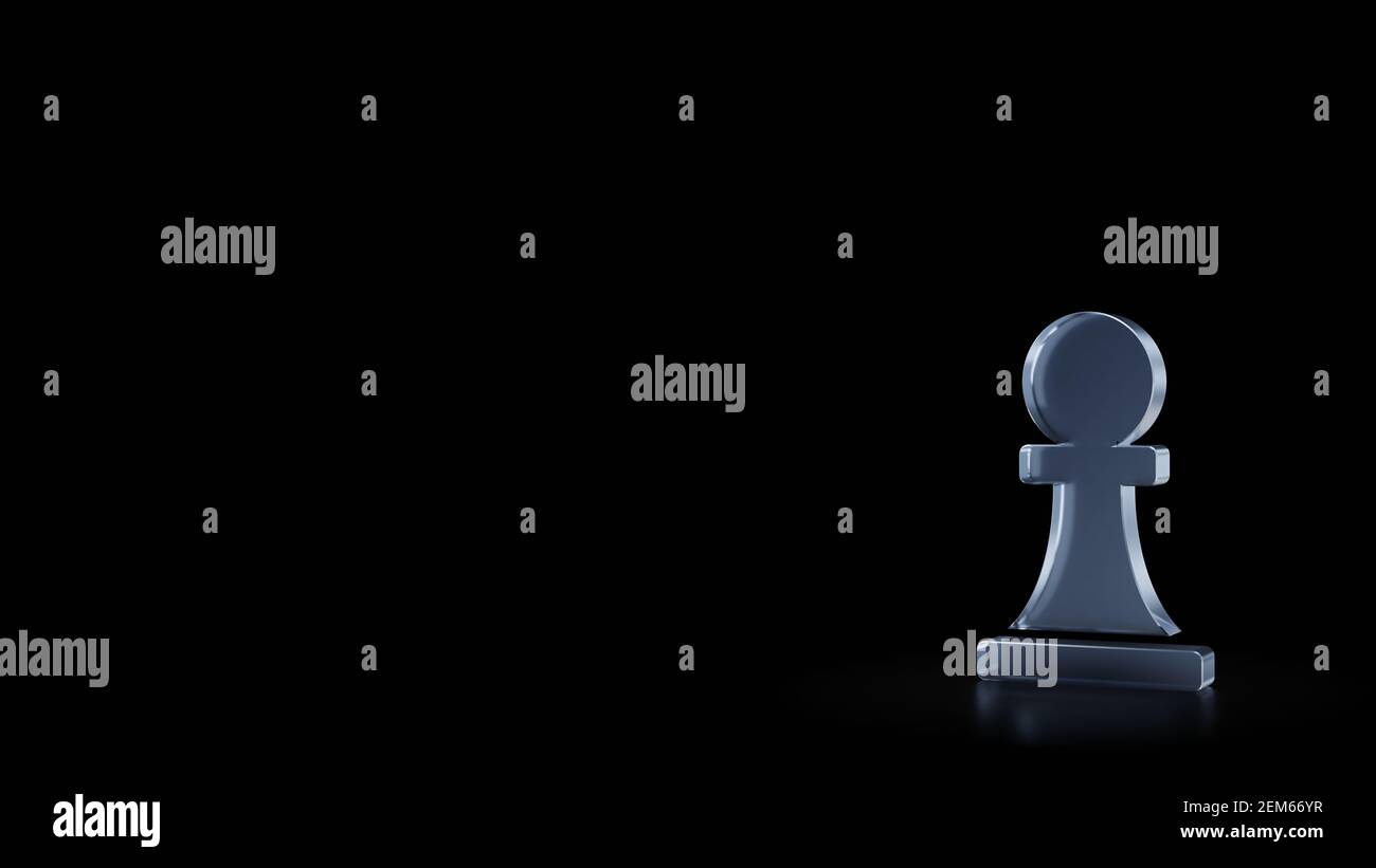 3D Darstellung von mattiertem Glas Symbol der Schachfigur Isoliert auf schwarzem Hintergrund mit verschwommenen Reflexionen auf dem Boden Stockfoto
