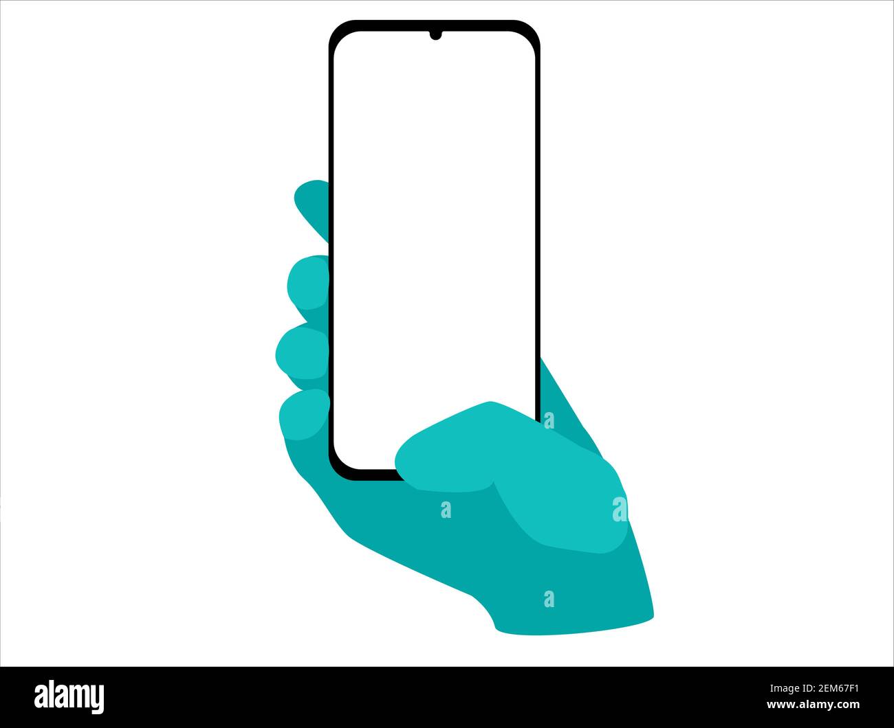 Hand in Handschuhen hält Smartphone mit weißem leeren Bildschirm. Blauer Bildschirm, Vektor-Illustration.. Flacher Stil. Stock Vektor
