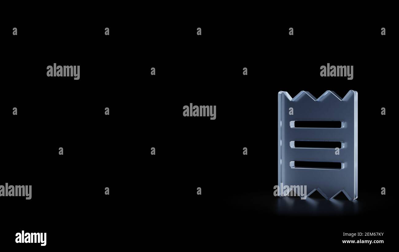 3D Rendering von mattiertem Glas Symbol von Papier Geldschein Stück Isoliert auf schwarzem Hintergrund mit verschwommenen Reflexionen auf dem Boden Stockfoto