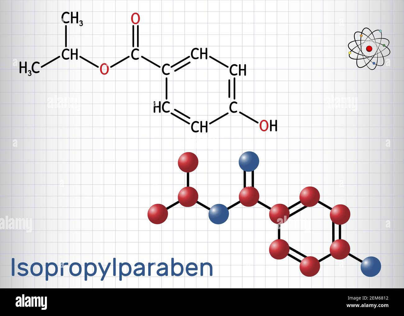 Isopropylparaben, Isopropylparaben-Molekül. Es ist Paraben, antimikrobiell, antimykotische Konservierungsmittel. Strukturelle chemische Formel, Molekülmodell Stock Vektor
