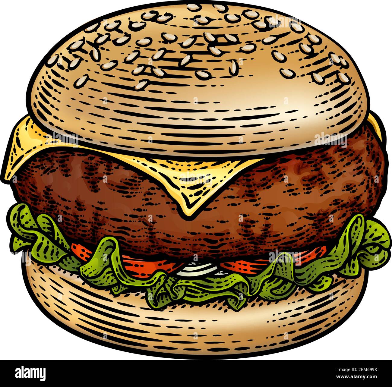 Burger Hamburger Vintage Holzschnitt Illustration Stock Vektor