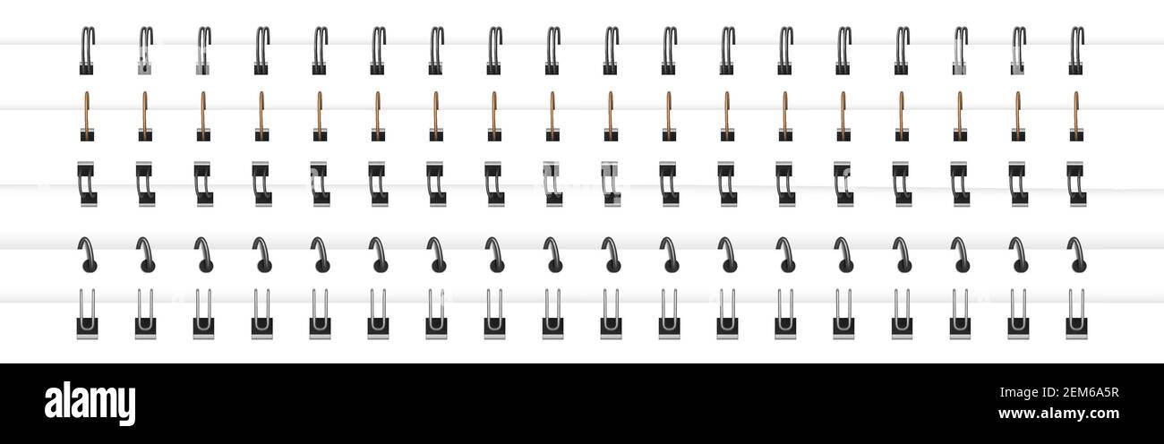 Notizbuch Spiralen, Stahldrahtring Bindungen und Federn für Kalender, Tagebuch, Notizblock, Dokumenteneinband oder Broschürenblätter, Metallstich isoliert auf weißem Hintergrund. Realistische 3D Vektorgrafik, Set Stock Vektor