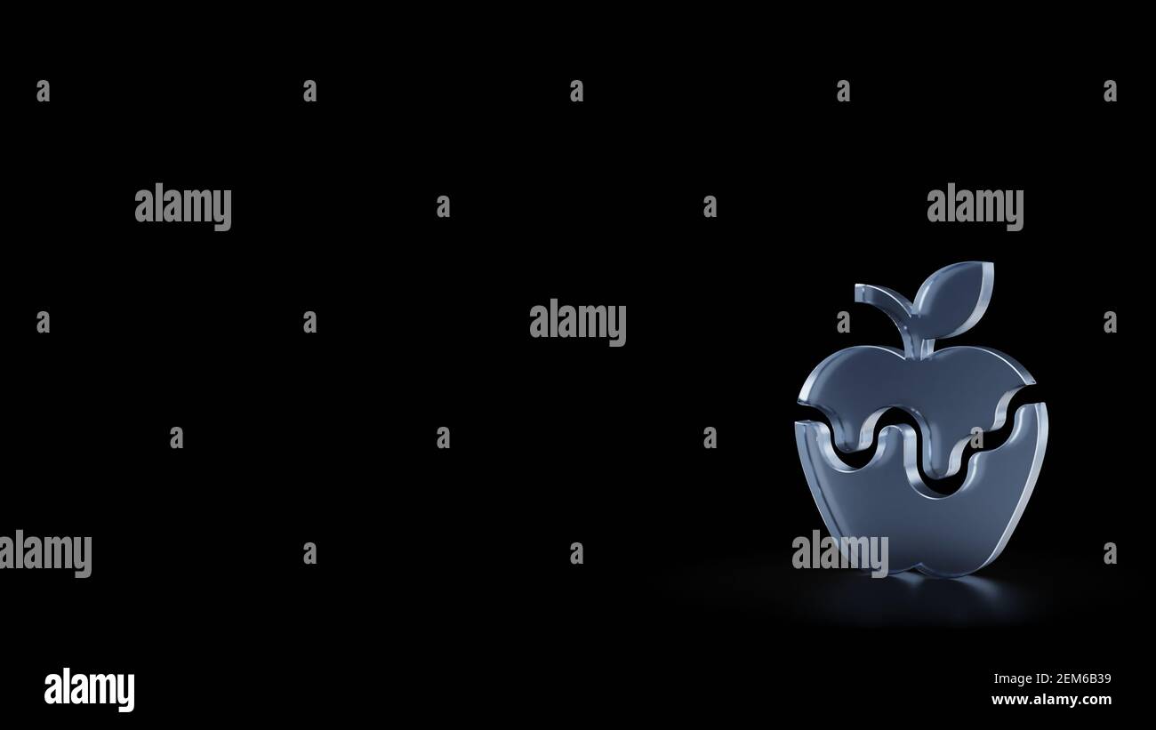 3D Rendering von Milchglas Symbol des schneeweißen Apfel Obst isoliert auf schwarzem Hintergrund mit verschwommenen Reflexionen auf dem Boden Stockfoto
