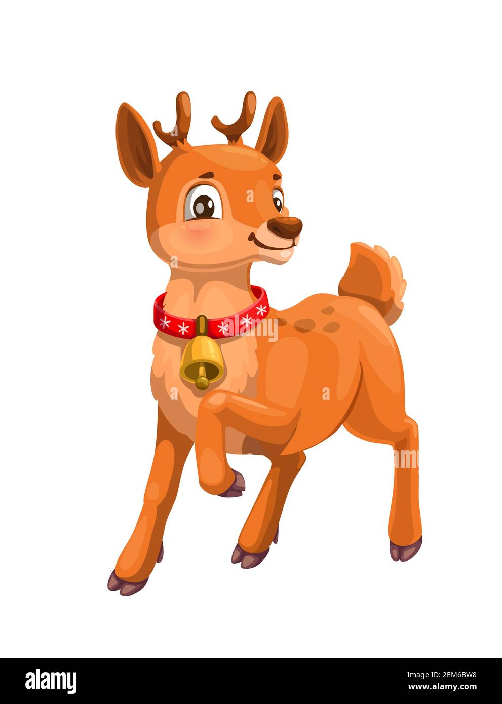 Hirsch oder Rentier Wald Tier Vektor Cartoon Charakter. Niedliches weißes Schwanzfawn mit kleinem Geweih, rotem Kragen und Glocke. Lustige gepunktete Hirsche Hirsch oder tun Stock Vektor