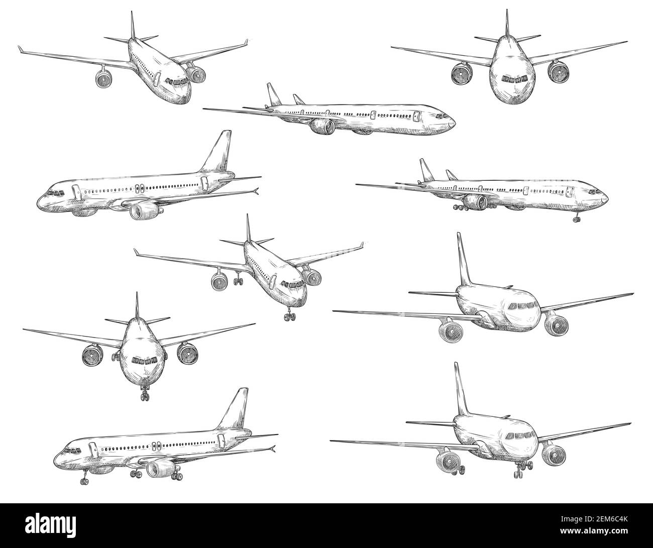 Vektorsymbole für Flugzeugskizzen in anderer Ansicht. Moderne Flugzeugtypen mit Turbinenmotoren bei Start und Landung, zivile Luftfahrt, Ätztechnik Stock Vektor