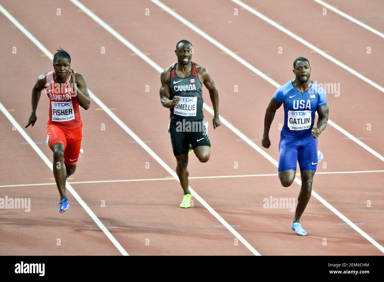 Justin Gatlin (USA), Gavin Smellie (Kanada), Andrew Fisher (Bahrein). 100 Meter Männer, heizt Serie. Leichtathletik-Weltmeisterschaften der IAAF - London 2017 Stockfoto