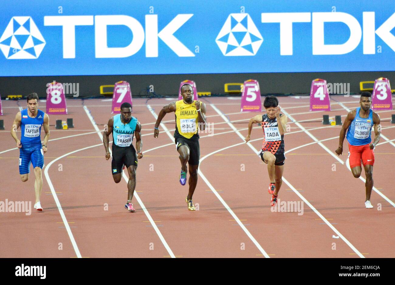 Usain Bolt (Jamaika), Warren Fraser (Bahamas), Shuhei Tada (Japan). 100 Meter Männer, heizt Serie. Leichtathletik-Weltmeisterschaften der IAAF - London 2017 Stockfoto
