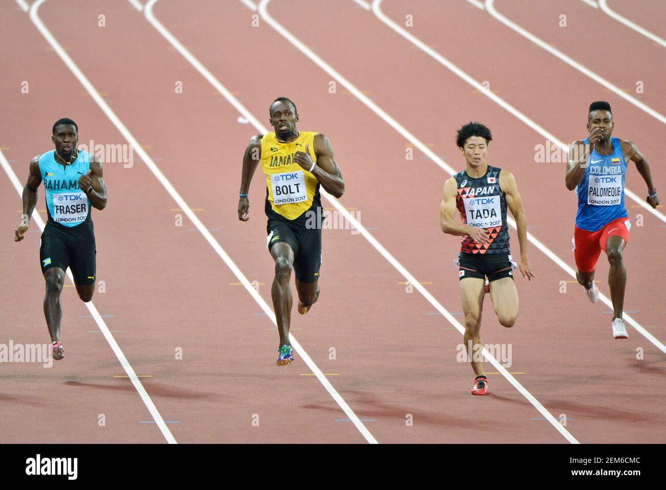 Usain Bolt (Jamaika), Warren Fraser (Bahamas), Shuhei Tada (Japan). 100 Meter Männer, heizt Serie. Leichtathletik-Weltmeisterschaften der IAAF - London 2017 Stockfoto