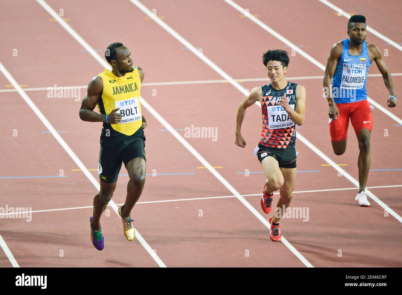 Usain Bolt (Jamaika), Shuhei Tada (Japan), Diego Palomeque (Kolumbien). 100 Meter Männer, heizt Serie. Leichtathletik-Weltmeisterschaften der IAAF - London 2017 Stockfoto