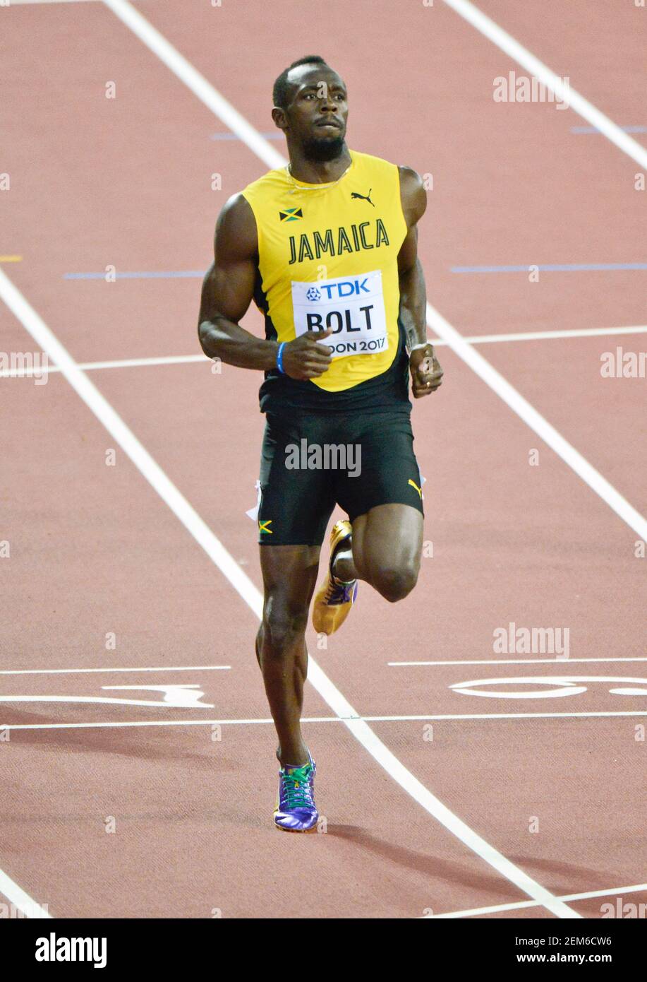 Usain Bolt (Jamaika). 100 Meter Männer, Vorlauf-Serie - IAAF Leichtathletik-Weltmeisterschaften - London 2017 Stockfoto