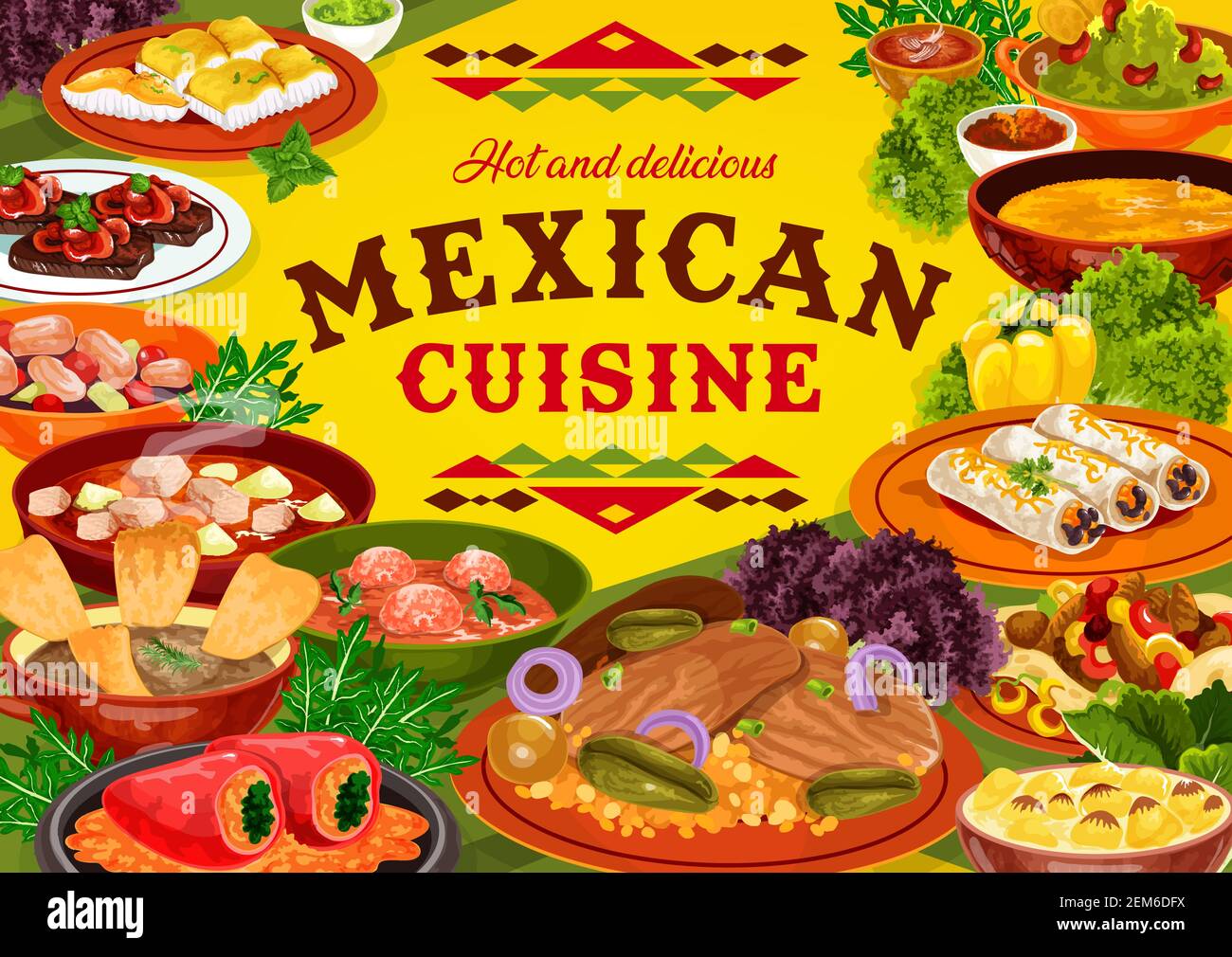 Mexikanische Küche Restaurant Essen Vektor Design. Fleisch- und Gemüsegerichte von Burritos, Fajitas und Estofado-Eintopf, gefüllte Paprika, Rindersteaks und Fisch Stock Vektor