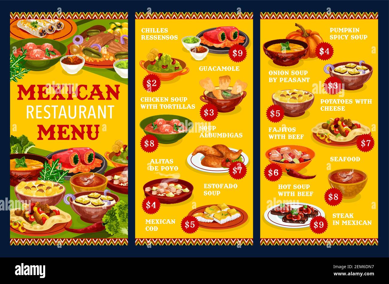 Mexikanische Restaurant-Menü Vektor-Vorlage mit Gemüse, Fleisch und Fischgerichte. Rindfleisch Fajitas, Guacamole-Sauce und gefüllte Paprika, Chicken Wings, Seafoo Stock Vektor