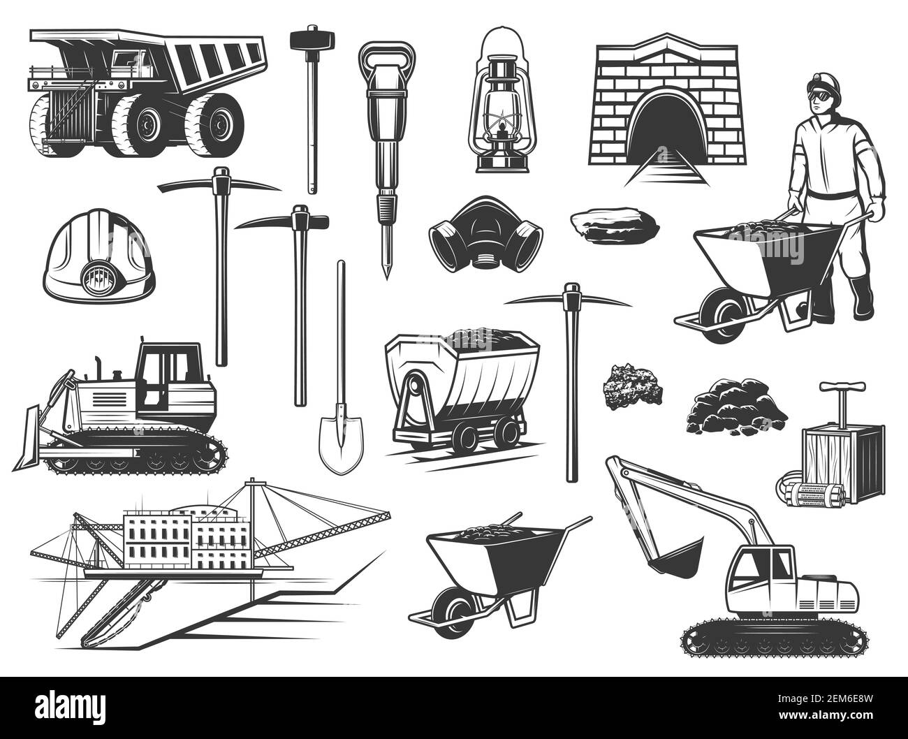 Symbole für den Kohlebergbau, Bergarbeiter und Untertagebau. Vector Minenarbeiter, Muldenkipper und Helm, Pickaxe, Schaufel und Erzgrube, Bagger, Bagger Stock Vektor